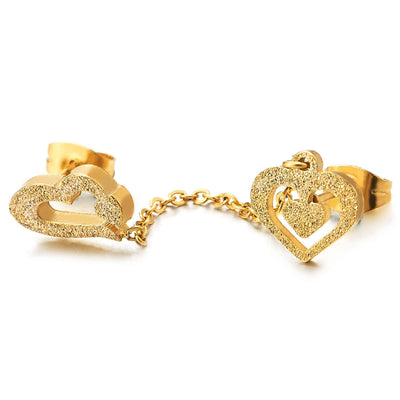 1pc Womens Stainless Steel Gold Color Double Stud Hearts Chain Earring - COOLSTEELANDBEYOND Jewelry