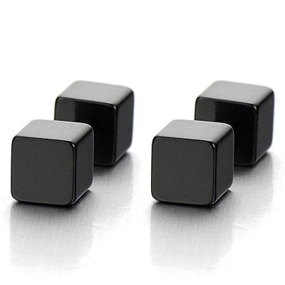 2 5MM Black Cube Barbell Earrings for Men Women, Steel Cheater Fake Ear Plugs Gauges Illusion Tunnel - coolsteelandbeyond