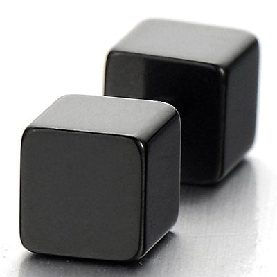 2 5MM Black Cube Barbell Earrings for Men Women, Steel Cheater Fake Ear Plugs Gauges Illusion Tunnel - coolsteelandbeyond