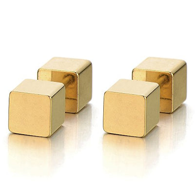 2 5MM Gold Cube Barbell Earrings for Men Women, Steel Cheater Fake Ear Plugs Gauges Illusion Tunnel - coolsteelandbeyond