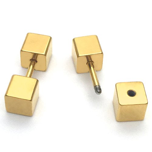 2 5MM Gold Cube Barbell Earrings for Men Women, Steel Cheater Fake Ear Plugs Gauges Illusion Tunnel - coolsteelandbeyond
