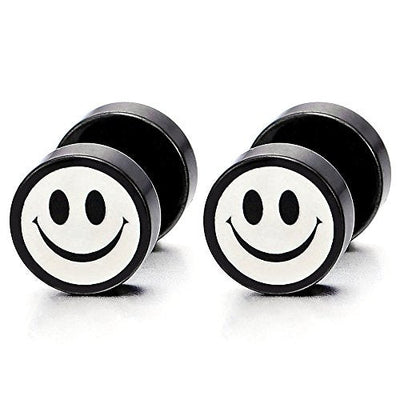 2 Black White Smiling Face Stud Earrings for Men Women, Cheater Fake Ear Plug Gauges Illusion Tunnel - coolsteelandbeyond