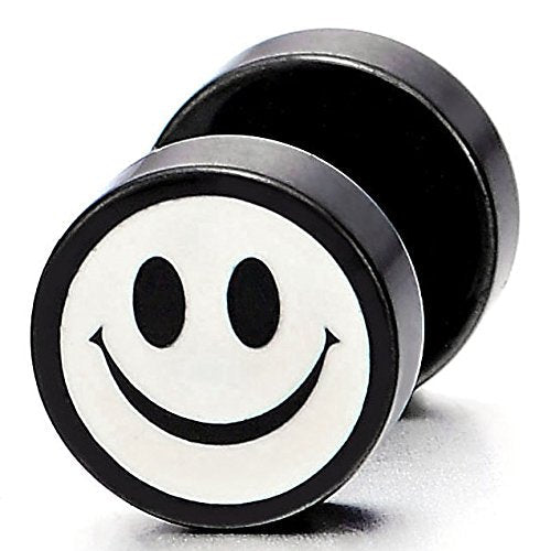 2 Black White Smiling Face Stud Earrings for Men Women, Cheater Fake Ear Plug Gauges Illusion Tunnel - coolsteelandbeyond