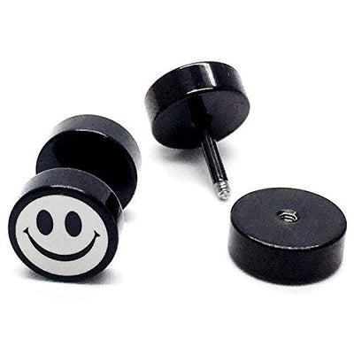 2 Black White Smiling Face Stud Earrings for Men Women, Cheater Fake Ear Plug Gauges Illusion Tunnel - coolsteelandbeyond