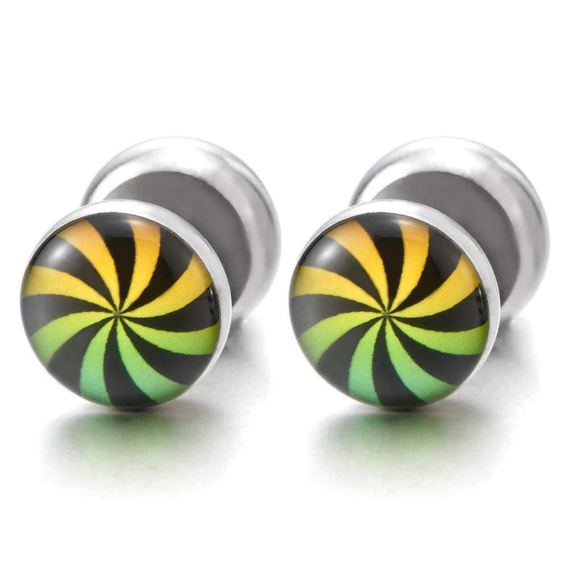 2 Men Women Steel Circle Color Windmill Swirl Stud Earrings, Cheater Fake Ear Plugs Gauge Tunnel - COOLSTEELANDBEYOND Jewelry