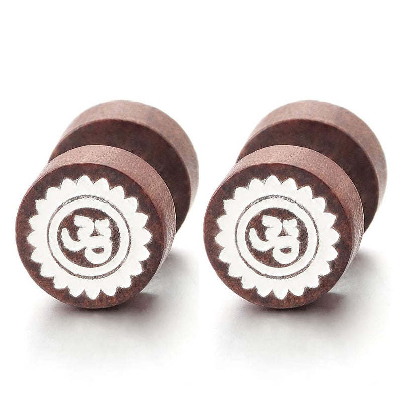 2 Men Women Wood Tibetan Sanskrit Letter Stud Earrings White Enamel, Cheater Fake Ear Plugs Gauges - coolsteelandbeyond