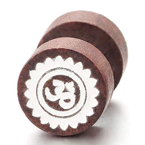 2 Men Women Wood Tibetan Sanskrit Letter Stud Earrings White Enamel, Cheater Fake Ear Plugs Gauges - coolsteelandbeyond
