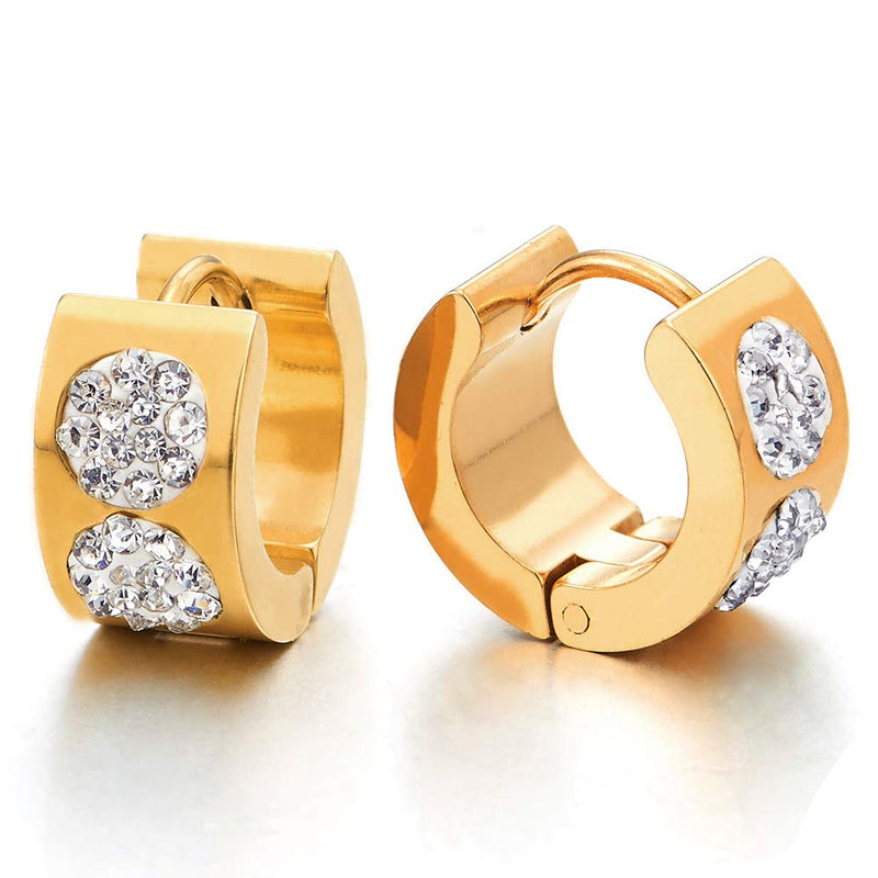 2 pcs Mens Womens Stainless Steel Gold Color Huggie Hinged Hoop Earrings with Cubic Zirconia - COOLSTEELANDBEYOND Jewelry