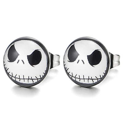 2 pcs Stainless Steel Black White Alien Dome Stud Earrings for Men Women, Gothic Punk Rock - coolsteelandbeyond