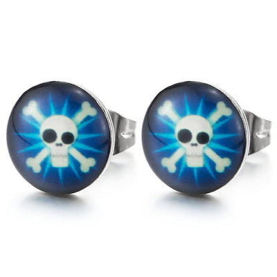 2 pcs Stainless Steel Blue Black White Pirate Skull Dome Stud Earrings for Men, Gothic Punk Rock - COOLSTEELANDBEYOND Jewelry