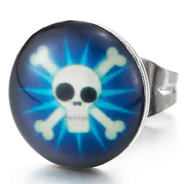 2 pcs Stainless Steel Blue Black White Pirate Skull Dome Stud Earrings for Men, Gothic Punk Rock - COOLSTEELANDBEYOND Jewelry