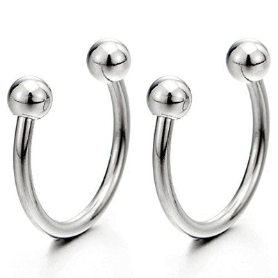 2 Stainless Steel Bead Half Hoop Huggie Hinged Earrings for Men Women, Screw Back - coolsteelandbeyond