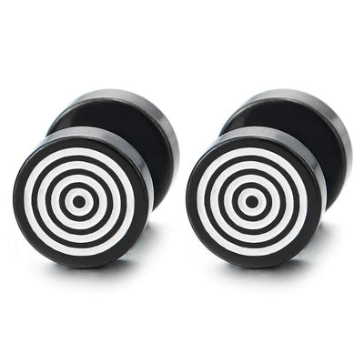 2 Steel Men Women Black Circle Swirl Stud Earrings with White Enamel, Cheater Fake Ear Plugs Gauge - coolsteelandbeyond