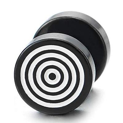 2 Steel Men Women Black Circle Swirl Stud Earrings with White Enamel, Cheater Fake Ear Plugs Gauge - coolsteelandbeyond