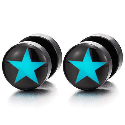 2pcs 10MM Black Circle Screw Stud Earrings with Blue Star, Women Men Cheater Fake Ear Plugs Gauges - coolsteelandbeyond