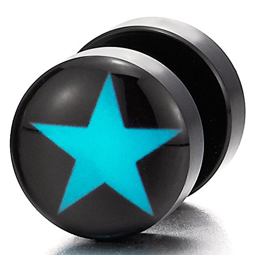 2pcs 10MM Black Circle Screw Stud Earrings with Blue Star, Women Men Cheater Fake Ear Plugs Gauges - coolsteelandbeyond