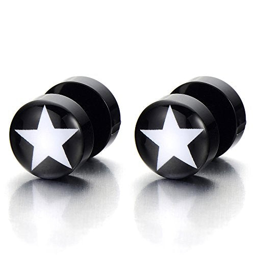 2pcs 10MM Black Circle Screw Stud Earrings with Blue Star, Women Men Cheater Fake Ear Plugs Gauges - coolsteelandbeyond