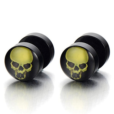 2pcs 10MM Black Skull Screw Stud Earrings Men Women, Cheater Fake Ear Plugs Gauges Illusion Tunnel - coolsteelandbeyond