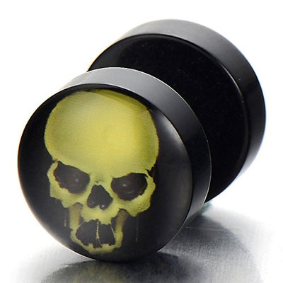 2pcs 10MM Black Skull Screw Stud Earrings Men Women, Cheater Fake Ear Plugs Gauges Illusion Tunnel - coolsteelandbeyond