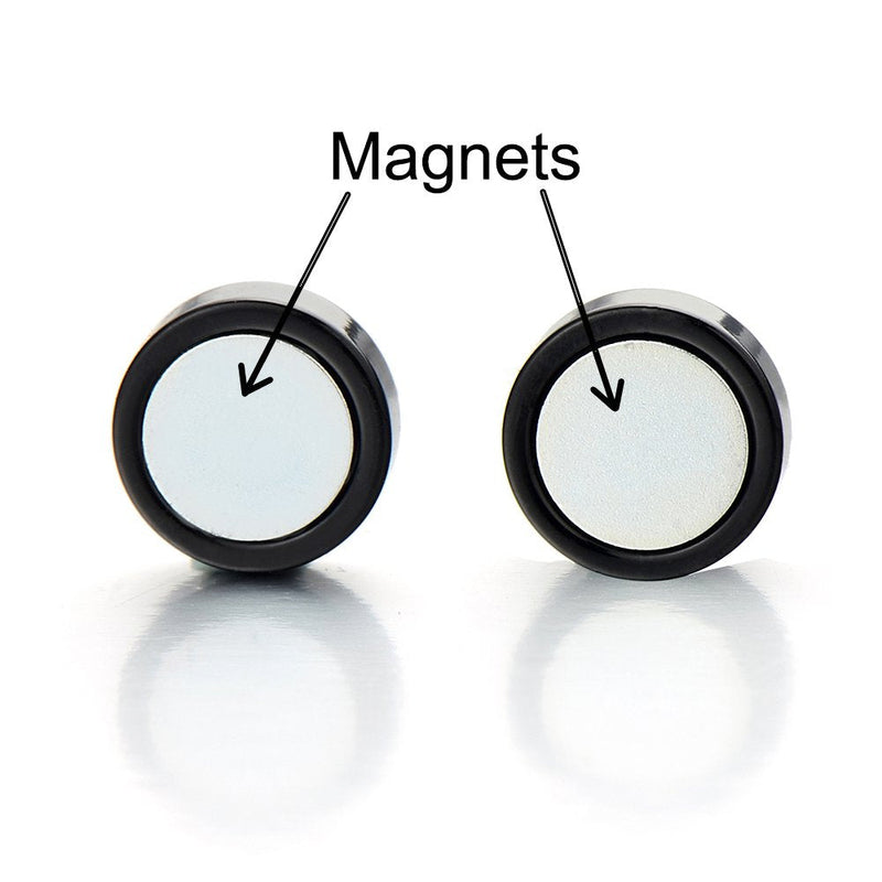 2pcs 10MM Magnetic Black Circle Stud Earrings for Men Women, Non-Piercing Clip On Steel Fake Ear Plugs - COOLSTEELANDBEYOND Jewelry