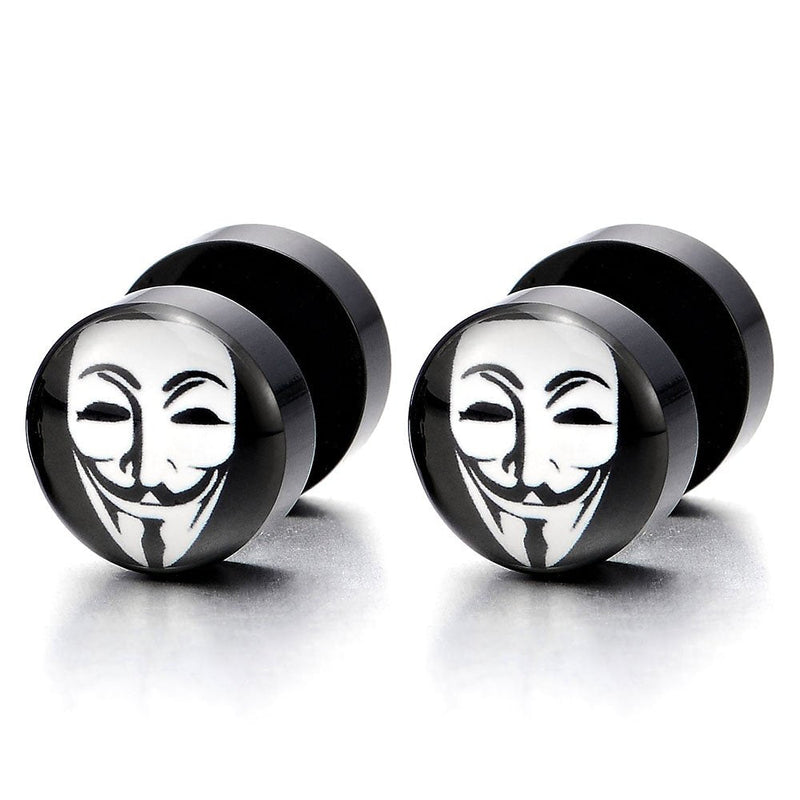 2pcs 10mm Mens Womens Black Round Stud Earrings with Clown Mask, Steel Cheater Fake Ear Plugs Gauges - coolsteelandbeyond