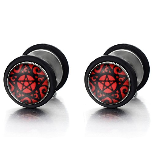 2pcs 10MM Red Screw Stud Earrings with Star for Women Men, Cheater Fake Ear Plugs Gauges Illusion Tunnel - coolsteelandbeyond