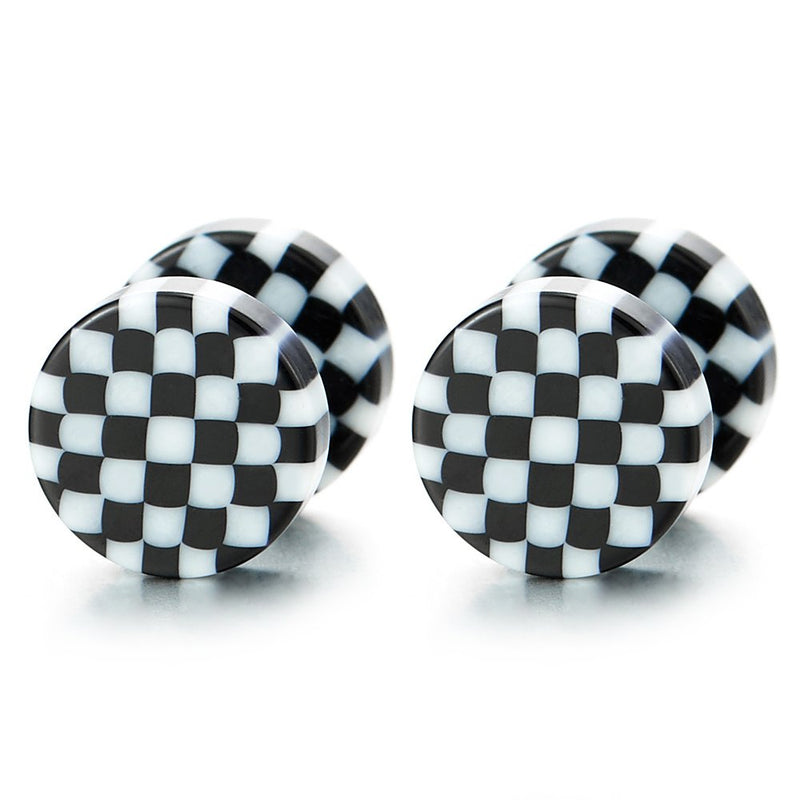 2pcs 8MM Black White Checker Circle Screw Stud Earrings for Men Women, Cheater Fake Ear Plug Gauge Tunnel - coolsteelandbeyond