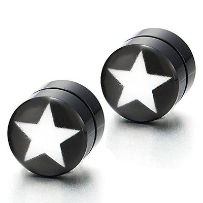 2pcs 8mm Magnetic Black Circle Star Stud Earrings for Men Women, Non-piercing Clip on Fake Ear Plugs - coolsteelandbeyond