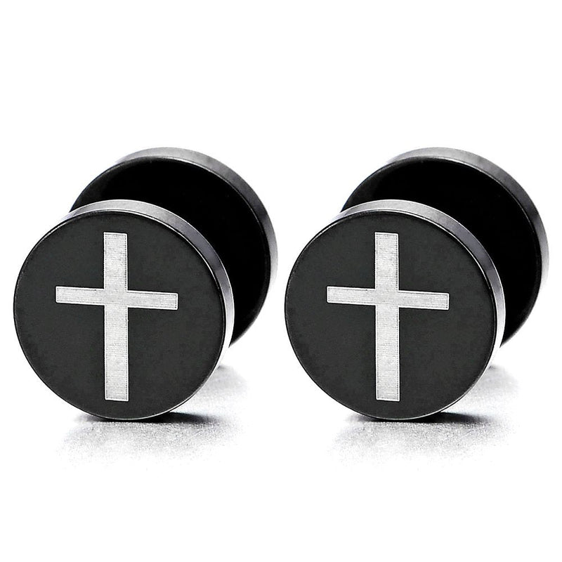 2pcs Black Cross Screw Stud Earrings Women Men, Steel Cheater Fake Ear Plugs Gauges Illusion Tunnel - coolsteelandbeyond