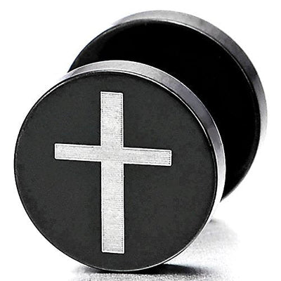 2pcs Black Cross Screw Stud Earrings Women Men, Steel Cheater Fake Ear Plugs Gauges Illusion Tunnel - coolsteelandbeyond