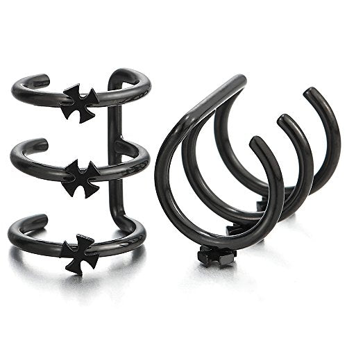 2pcs Black Stainless Steel Ear Cuff Ear Clip with Cross Non-Piercing Clip On Earrings for Men Women - coolsteelandbeyond