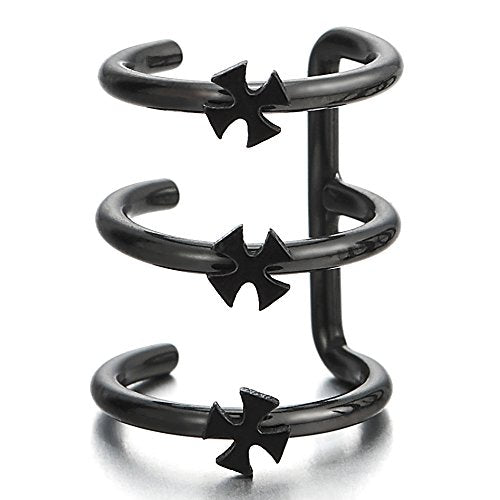 2pcs Black Stainless Steel Ear Cuff Ear Clip with Cross Non-Piercing Clip On Earrings for Men Women - coolsteelandbeyond