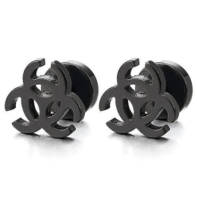 2pcs Black Trinity Stud Earrings in Stainless Steel for Men Women, Screw Back, Rock Punk Hipster - coolsteelandbeyond