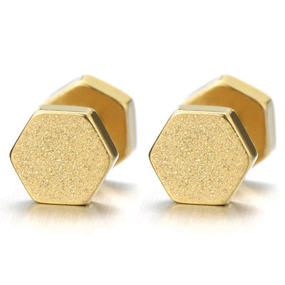 2pcs Gold Hexagon Screw Stud Earrings for Men Women, Steel Cheater Fake Ear Plugs Gauges, Satin Finished - COOLSTEELANDBEYOND Jewelry