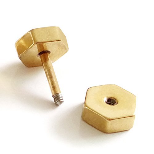 2pcs Gold Hexagon Screw Stud Earrings for Men Women, Steel Cheater Fake Ear Plugs Gauges, Satin Finished - COOLSTEELANDBEYOND Jewelry