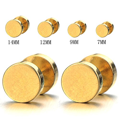 2pcs Gold Screw Stud Earrings Men, Stainless Steel Cheater Fake Ear Plugs Gauges Illusion Tunnel - coolsteelandbeyond