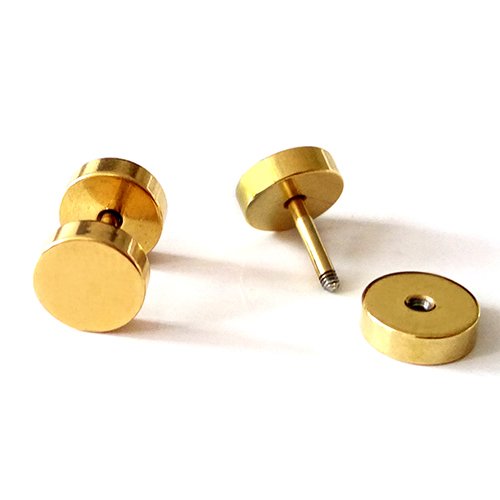 2pcs Gold Screw Stud Earrings Men, Stainless Steel Cheater Fake Ear Plugs Gauges Illusion Tunnel - coolsteelandbeyond