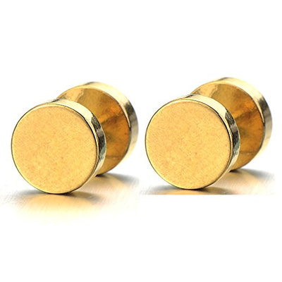 2pcs Gold Screw Stud Earrings Men, Stainless Steel Cheater Fake Ear Plugs Gauges Illusion Tunnel - coolsteelandbeyond