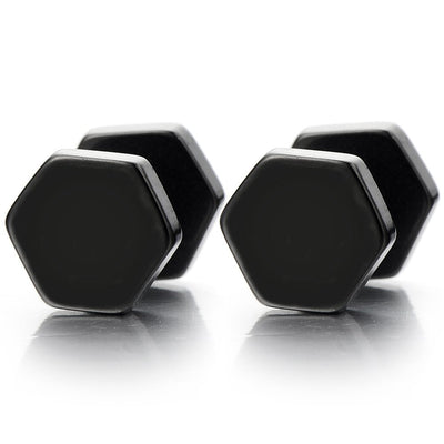 2pcs Hexagon Black Screw Stud Earrings for Men Women, Stainless Steel Cheater Fake Ear Plugs Gauges - coolsteelandbeyond