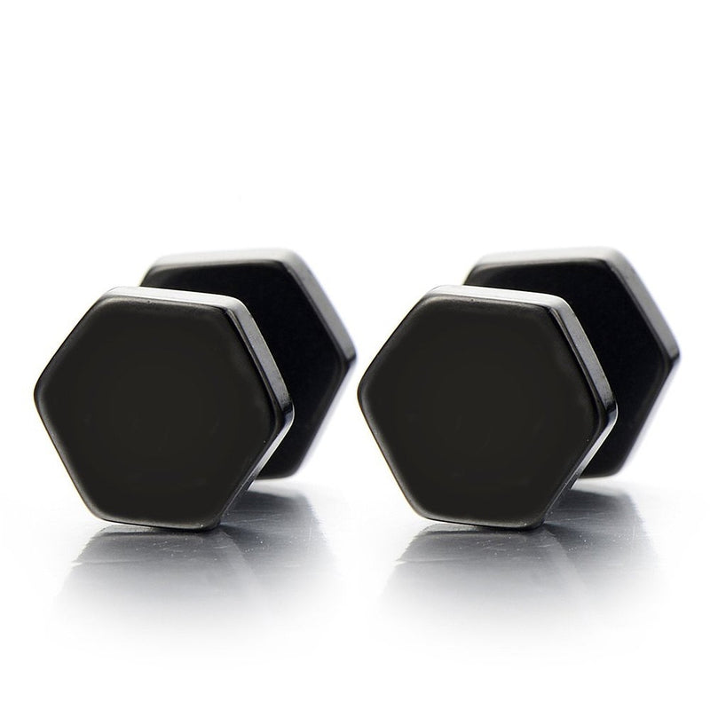 2pcs Hexagon Black Screw Stud Earrings for Men Women, Stainless Steel Cheater Fake Ear Plugs Gauges - coolsteelandbeyond