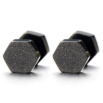 2pcs Hexagon Black Screw Stud Earrings for Men Women, Steel Cheater Fake Ear Plugs Gauges, Satin Finished - coolsteelandbeyond