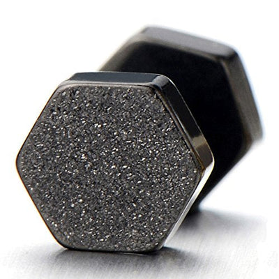 2pcs Hexagon Black Screw Stud Earrings for Men Women, Steel Cheater Fake Ear Plugs Gauges, Satin Finished - coolsteelandbeyond
