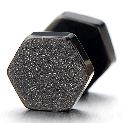 2pcs Hexagon Black Screw Stud Earrings for Men Women, Steel Cheater Fake Ear Plugs Gauges, Satin Finished - coolsteelandbeyond