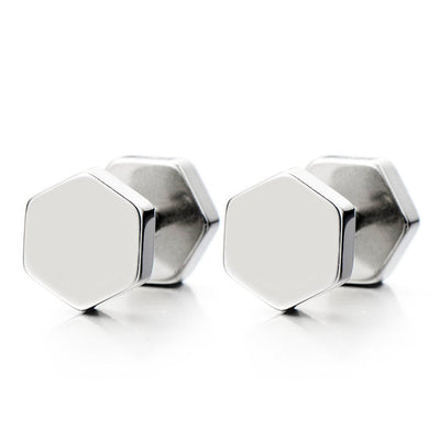 2pcs Hexagon Screw Stud Earrings for Men Women, Stainless Steel Cheater Fake Ear Plugs Illusion Tunnel - coolsteelandbeyond