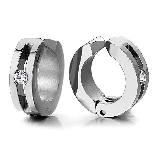 2pcs Huggie Hinged Hoop Earrings with Cubic Zirconia, Steel Non-Piercing Clip On Earrings for Men Women - coolsteelandbeyond