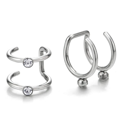 2pcs Men Women Stainless Steel Ear Cuff Ear Clip Non-Piercing Clip On Earrings with Cubic Zirconia - COOLSTEELANDBEYOND Jewelry