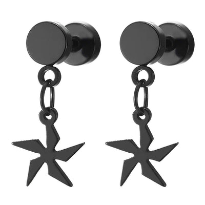 2pcs Men Women Steel Black Barbell Circle Stud Earrings with Dangling Windmills Pinwheel, Screw Back - COOLSTEELANDBEYOND Jewelry