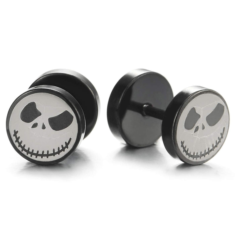 2pcs Men Women Steel Silver Black Little Monster Circle Stud Earrings, Cheater Fake Ear Plugs Gauges - coolsteelandbeyond