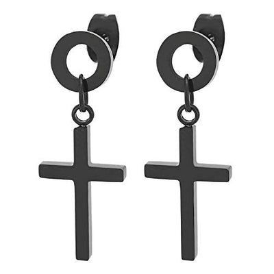 2pcs Mens Womens Black Stainless Steel Open Circle Stud Earrings with Dangling Cross - coolsteelandbeyond