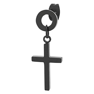 2pcs Mens Womens Black Stainless Steel Open Circle Stud Earrings with Dangling Cross - coolsteelandbeyond